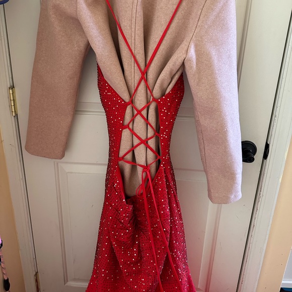 Flared red rhinestone Vneck sleeveless prom gown with sweeping train - Picture 8 of 10